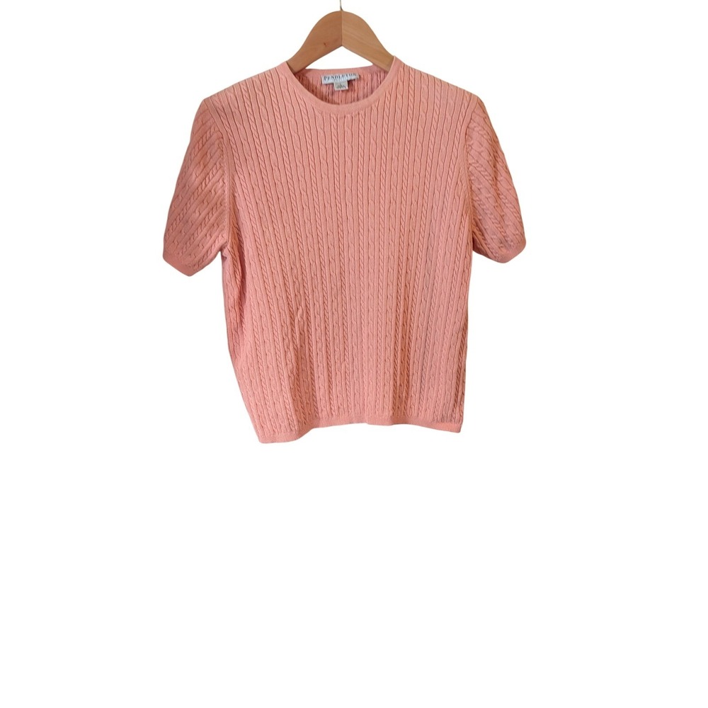 Pendleton Petite Women L Pink Cable Knit Short Sleeve Cotton Sweater Crew Neck
